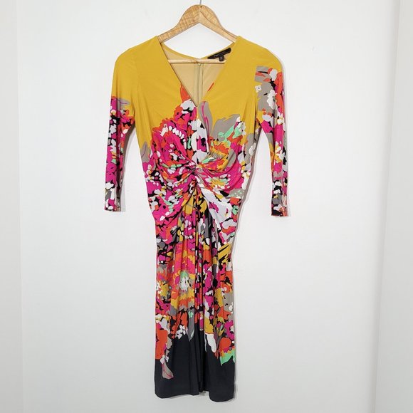 BCBGMaxazria A-Line Ruched Front Midi Dress 3/4 Sleeve Womens Floral V-Neck S - Picture 1 of 9